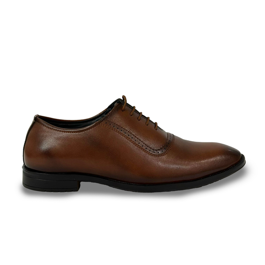 Brown leather dress shoe on a white background
