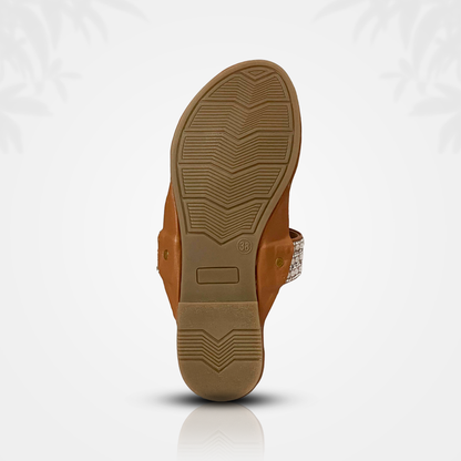 Royal Glam Kolhapuri Flats – Handcrafted Tan Slip-Ons with Sparkling Crystal Strap