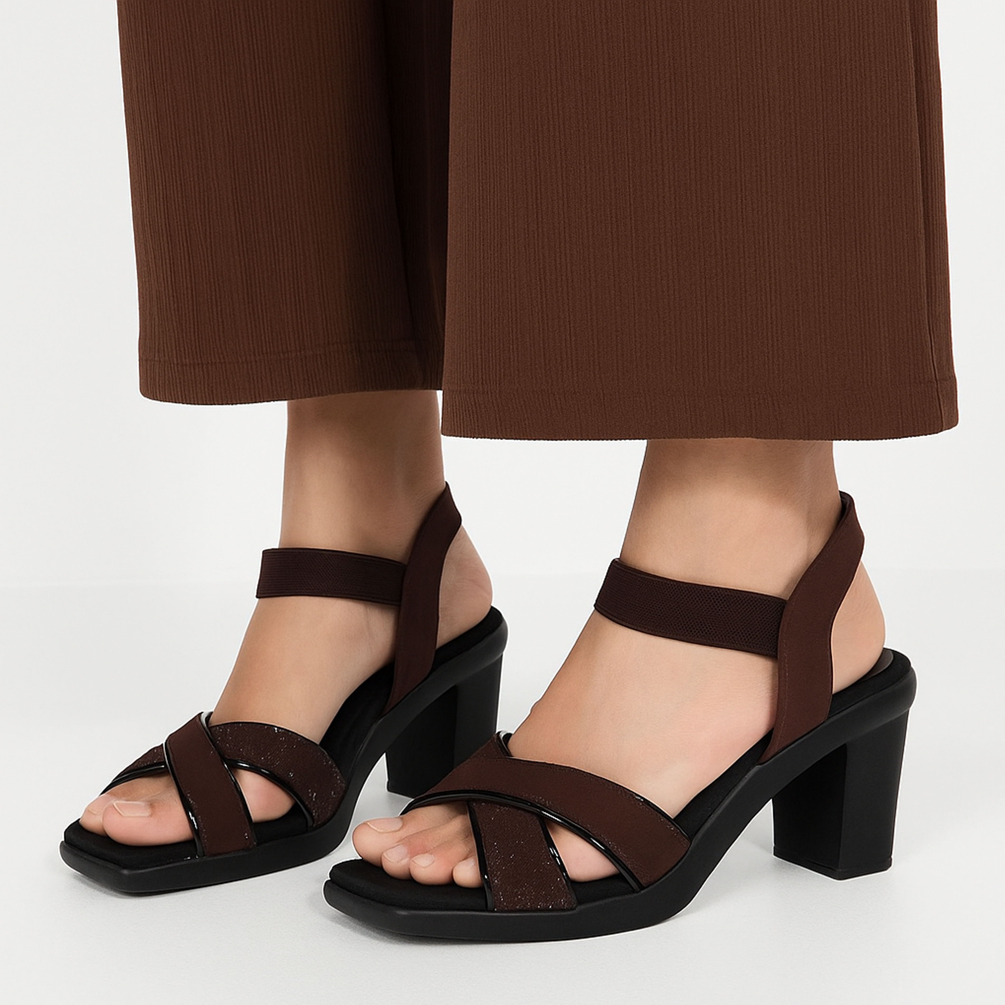 Mocha Grace – Brown Block Heel Sandals with Cross Straps