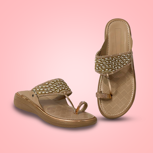 Golden Glam Ethnic Slip-On Sandals for Women – Elegant Festive Comfort
