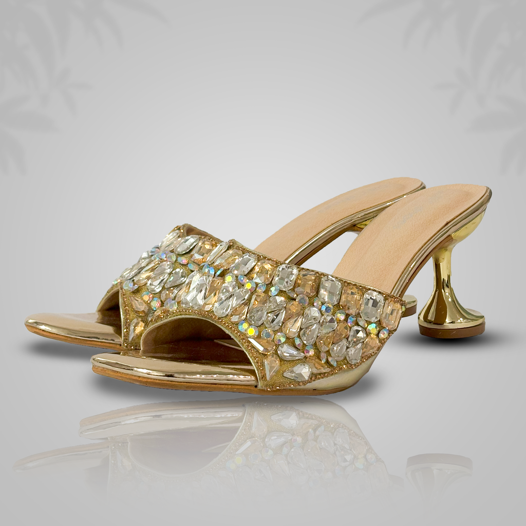 Golden Embellished Slip-On Heels for Women | Party Wear Sandals