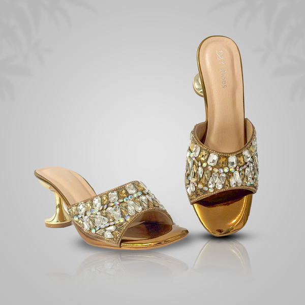 Golden Embellished Slip-On Heels for Women | Party Wear Sandals
