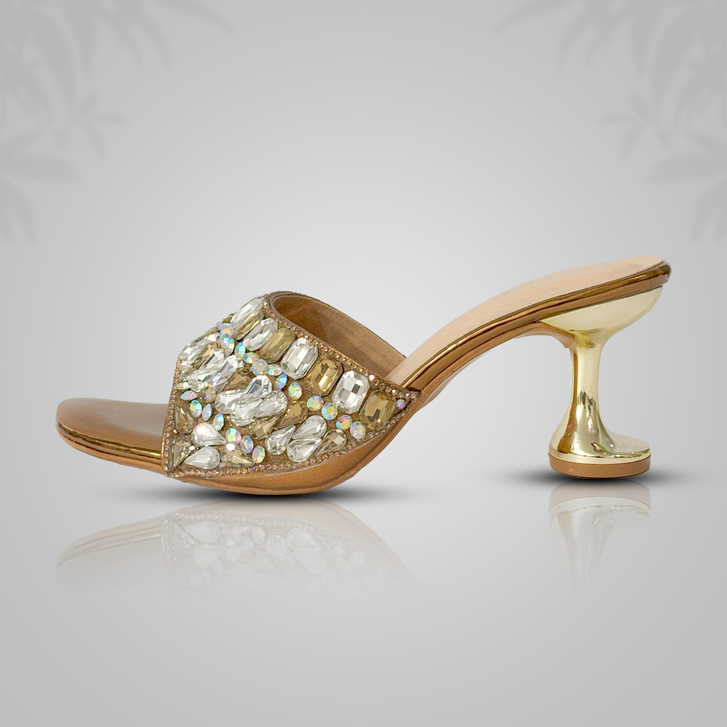 Golden Embellished Slip-On Heels for Women | Party Wear Sandals