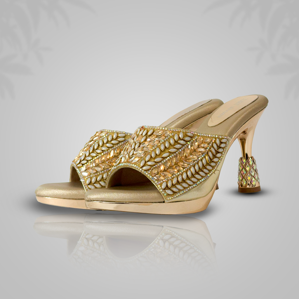 Women's Gold Embellished Party Heels – Ethnic Designer Slip-Ons