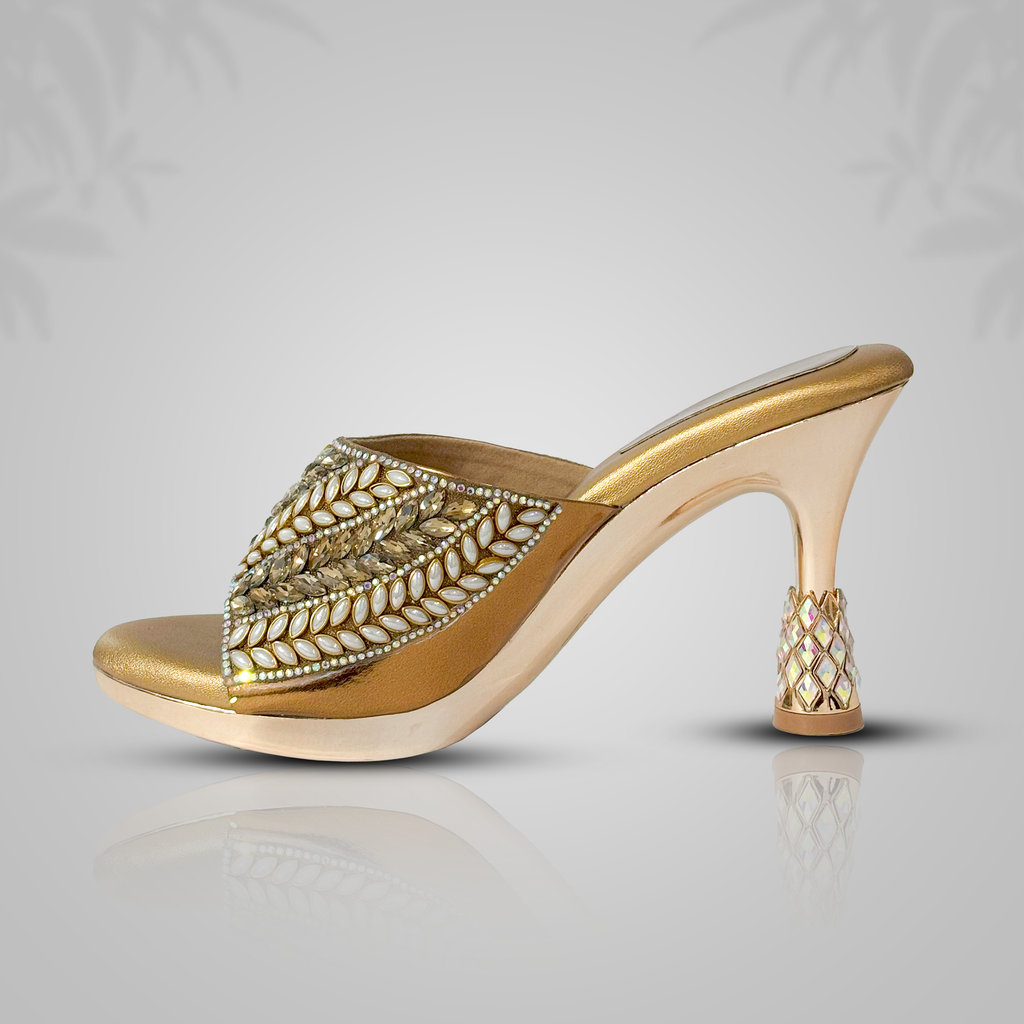 Women's Gold Embellished Party Heels – Ethnic Designer Slip-Ons