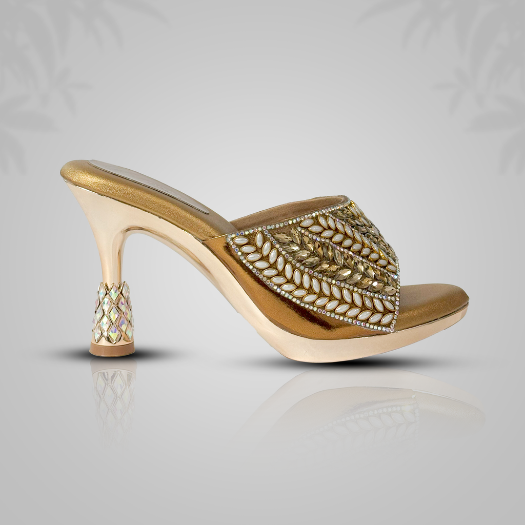 Women's Gold Embellished Party Heels – Ethnic Designer Slip-Ons