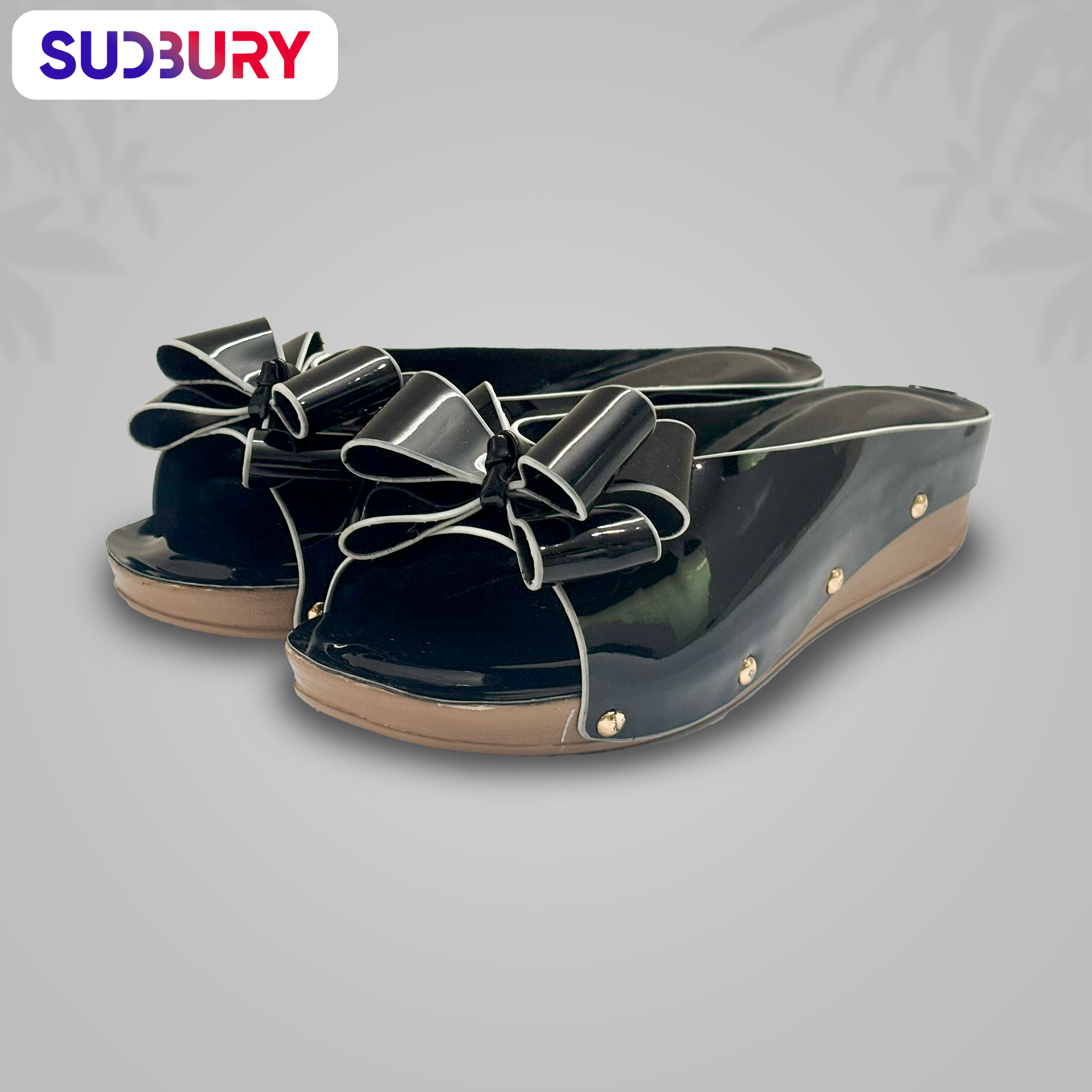 Sudbury MidnightBow – Women’s Black Glossy Wedge Sandals with Bow