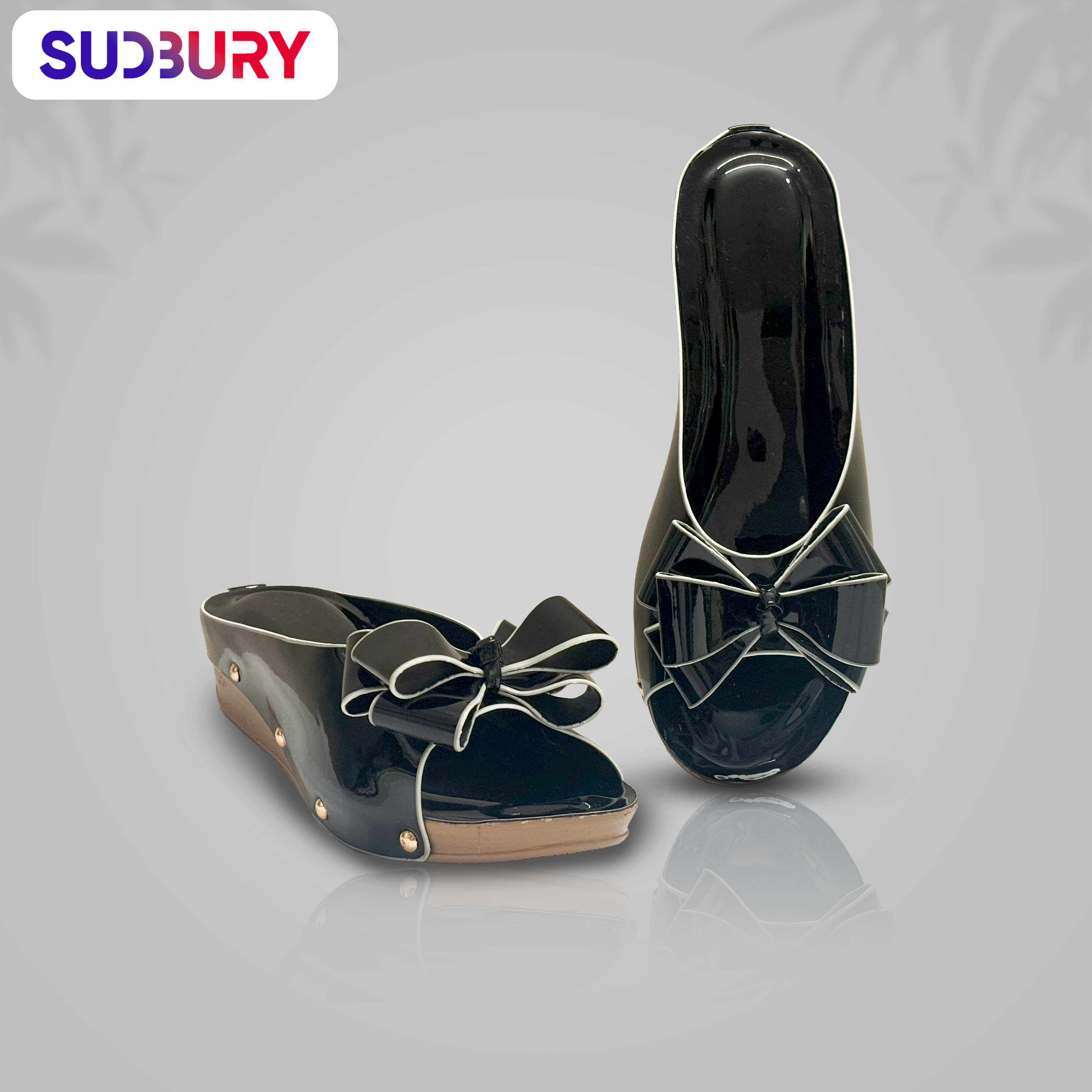 Sudbury MidnightBow – Women’s Black Glossy Wedge Sandals with Bow