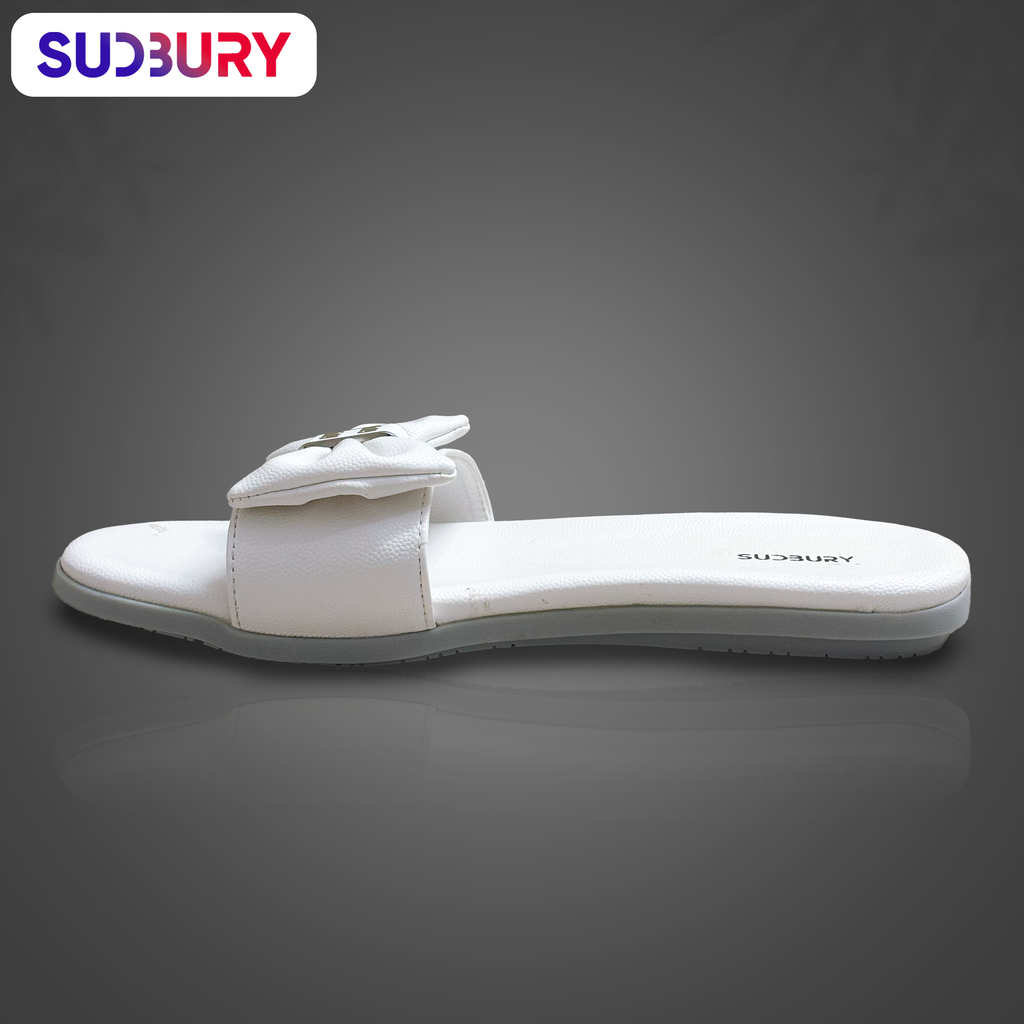 Sudbury GraceBow – Women’s White Flat Slip-On Sandals with Bow Accent
