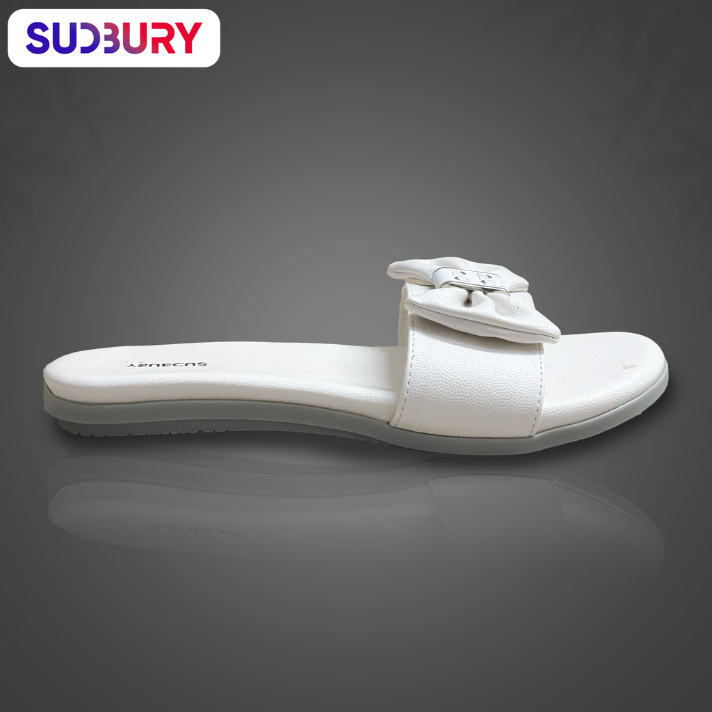 Sudbury GraceBow – Women’s White Flat Slip-On Sandals with Bow Accent
