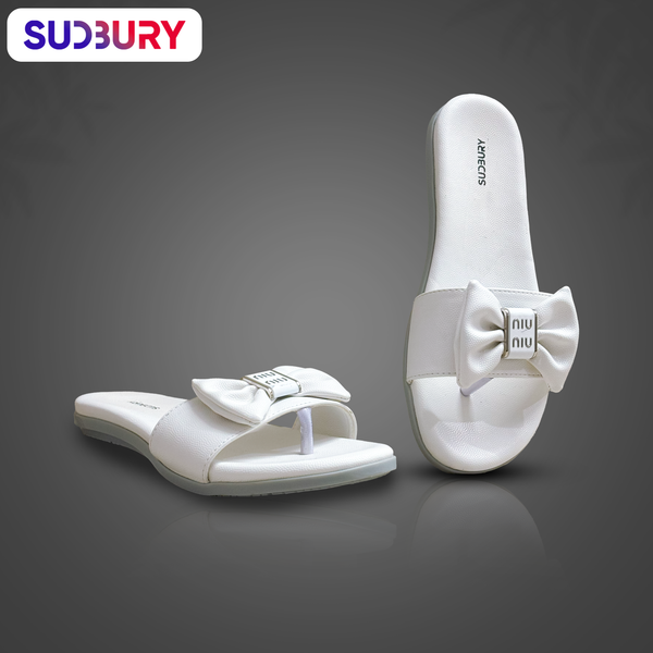 Sudbury GraceBow – Women’s White Flat Slip-On Sandals with Bow Accent