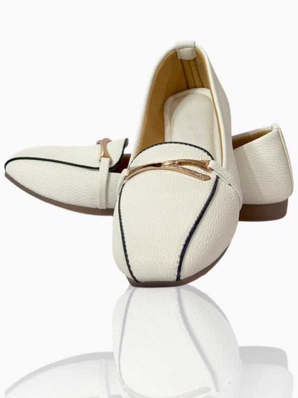 Elegant White – Rose Gold Buckle Comfort Loafers