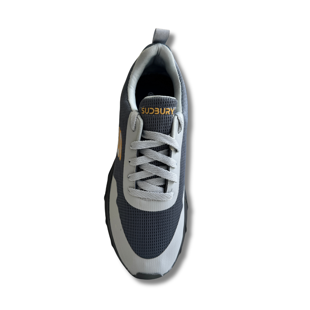 Gray and black sneaker with 'Subury' branding on a white background