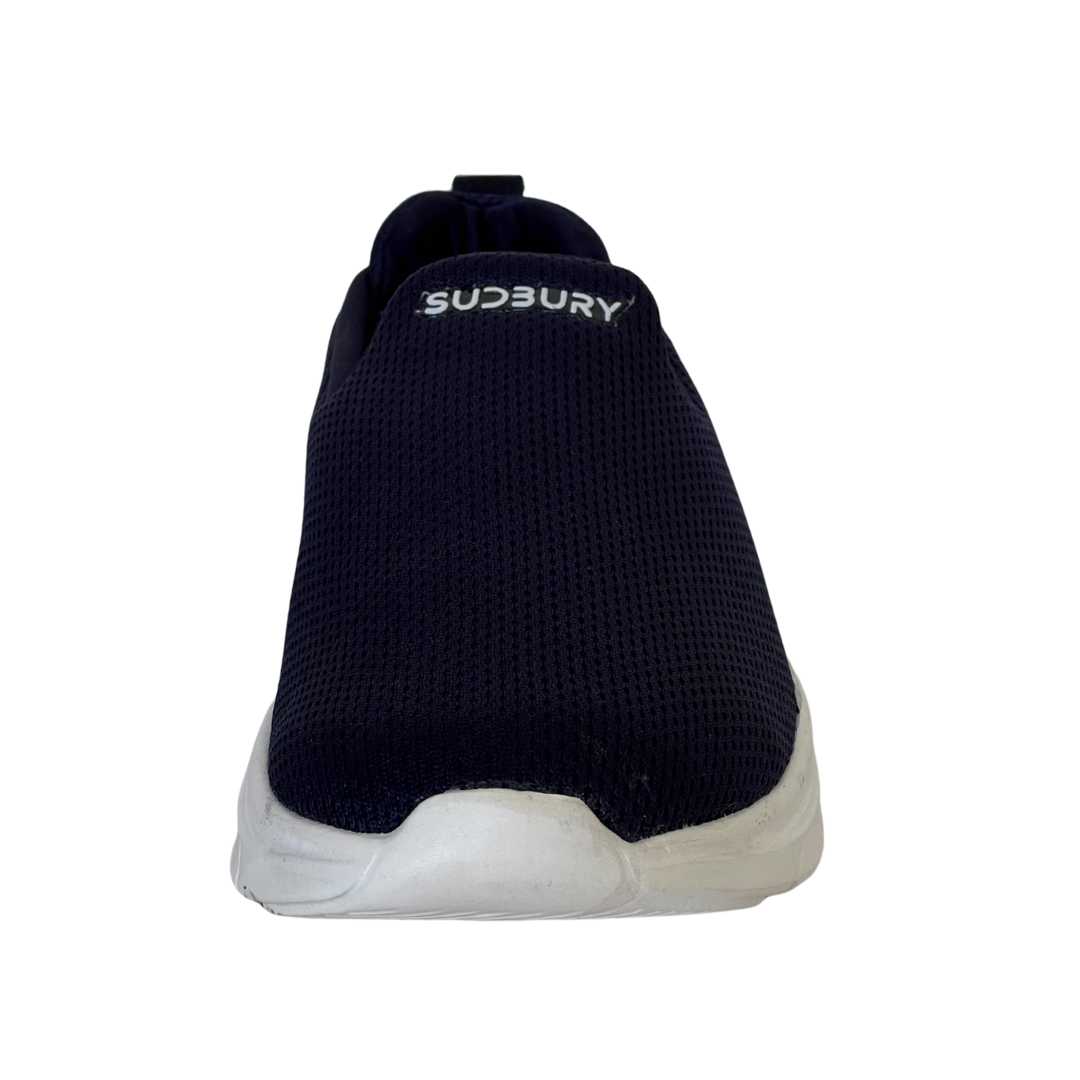 Black slip-on sneaker with 'Sudbury' branding on a white background