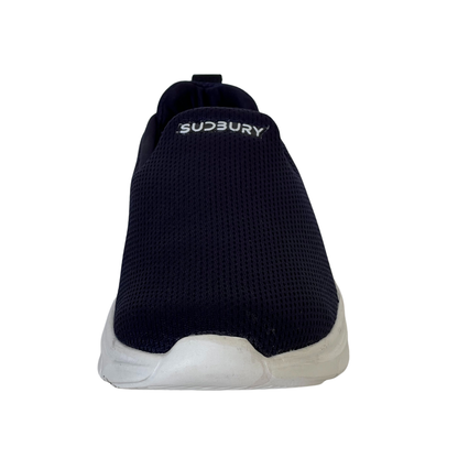 Black slip-on sneaker with 'Sudbury' branding on a white background