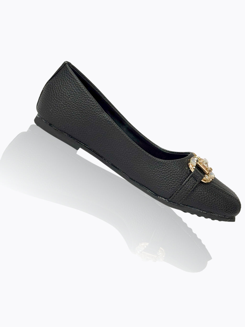 Black Crystal-Buckle Textured Ballet Flats – Classic & Comfortable