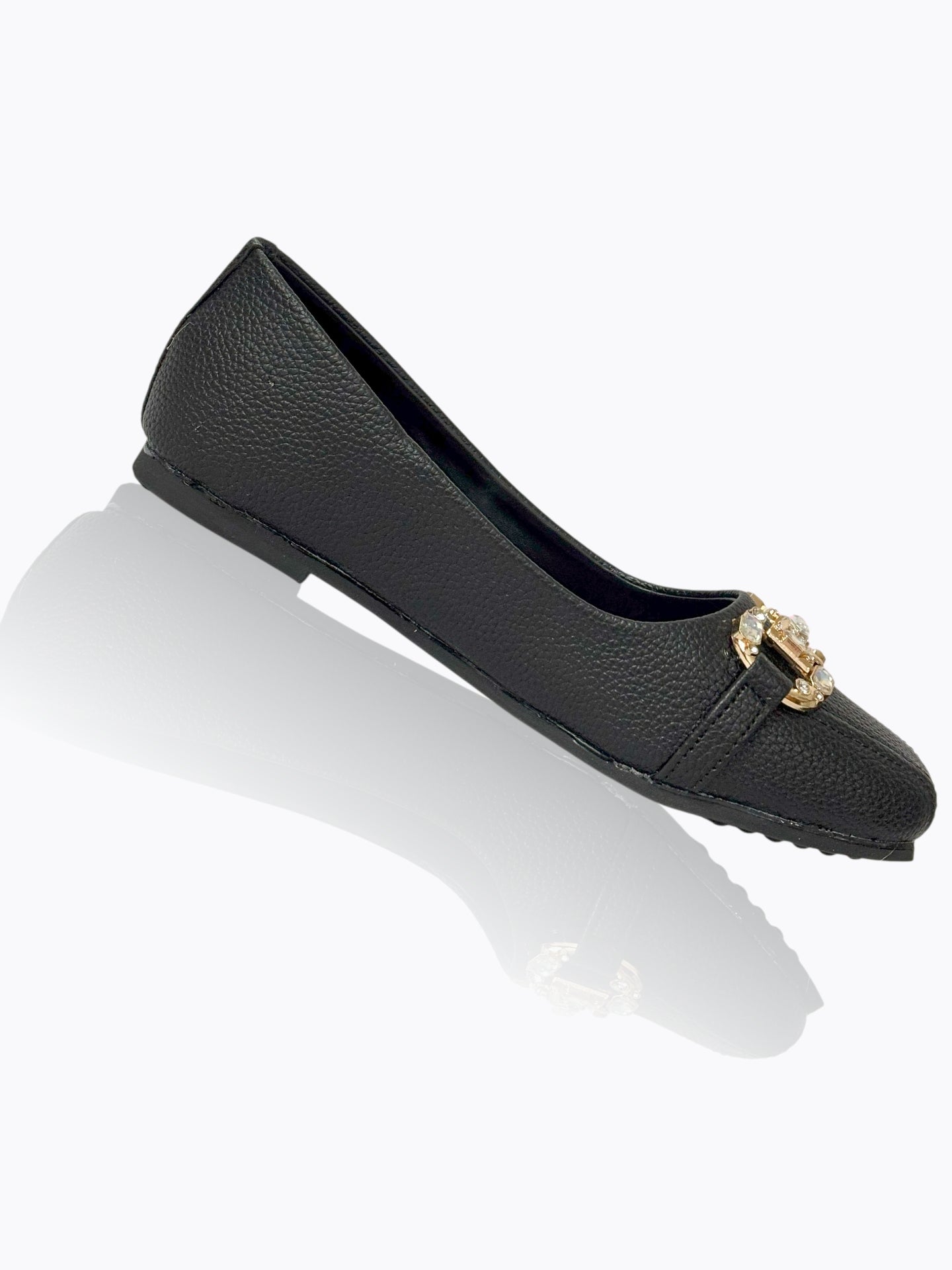 Black Crystal-Buckle Textured Ballet Flats – Classic & Comfortable