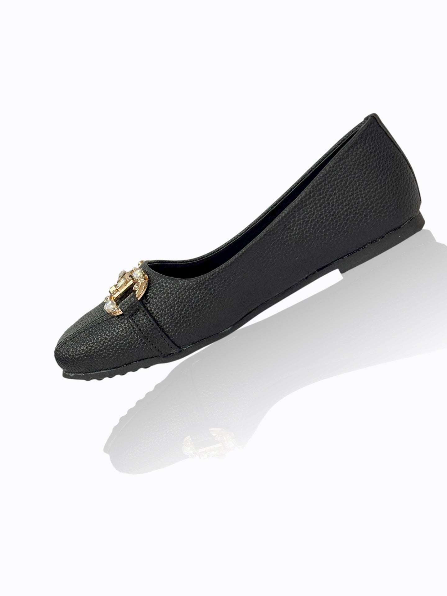 Black Crystal-Buckle Textured Ballet Flats – Classic & Comfortable
