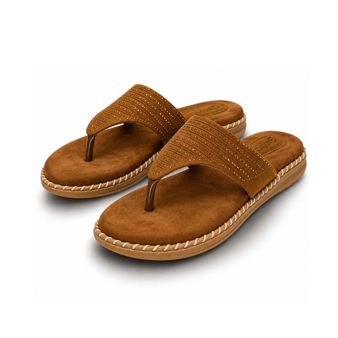 Flat lay of Sudbury Women's Toe-Ring Slippers pair in Brown — daily wear footwear