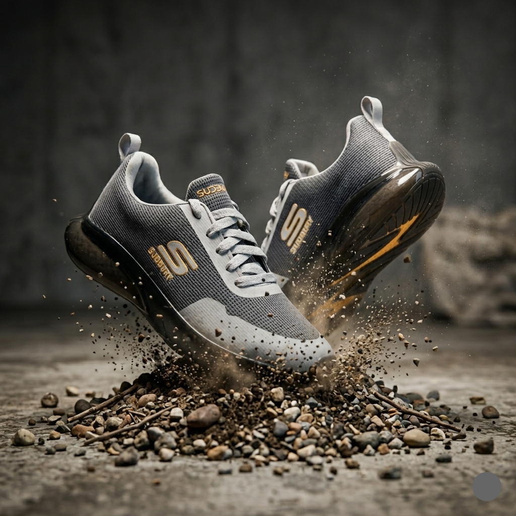 Gray and black athletic shoes with gold accents kicking up dirt and rocks on a dark background