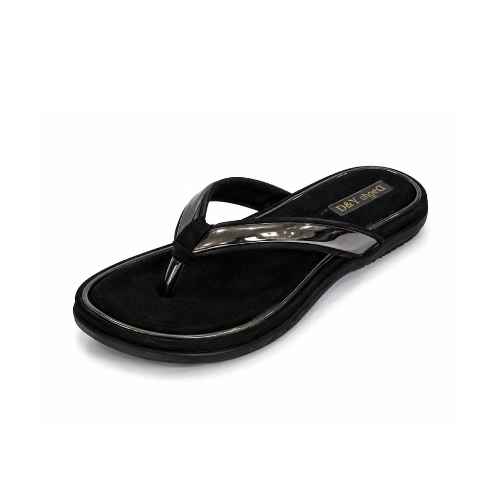 Black sandal with 'DKNY' branding on a white background
