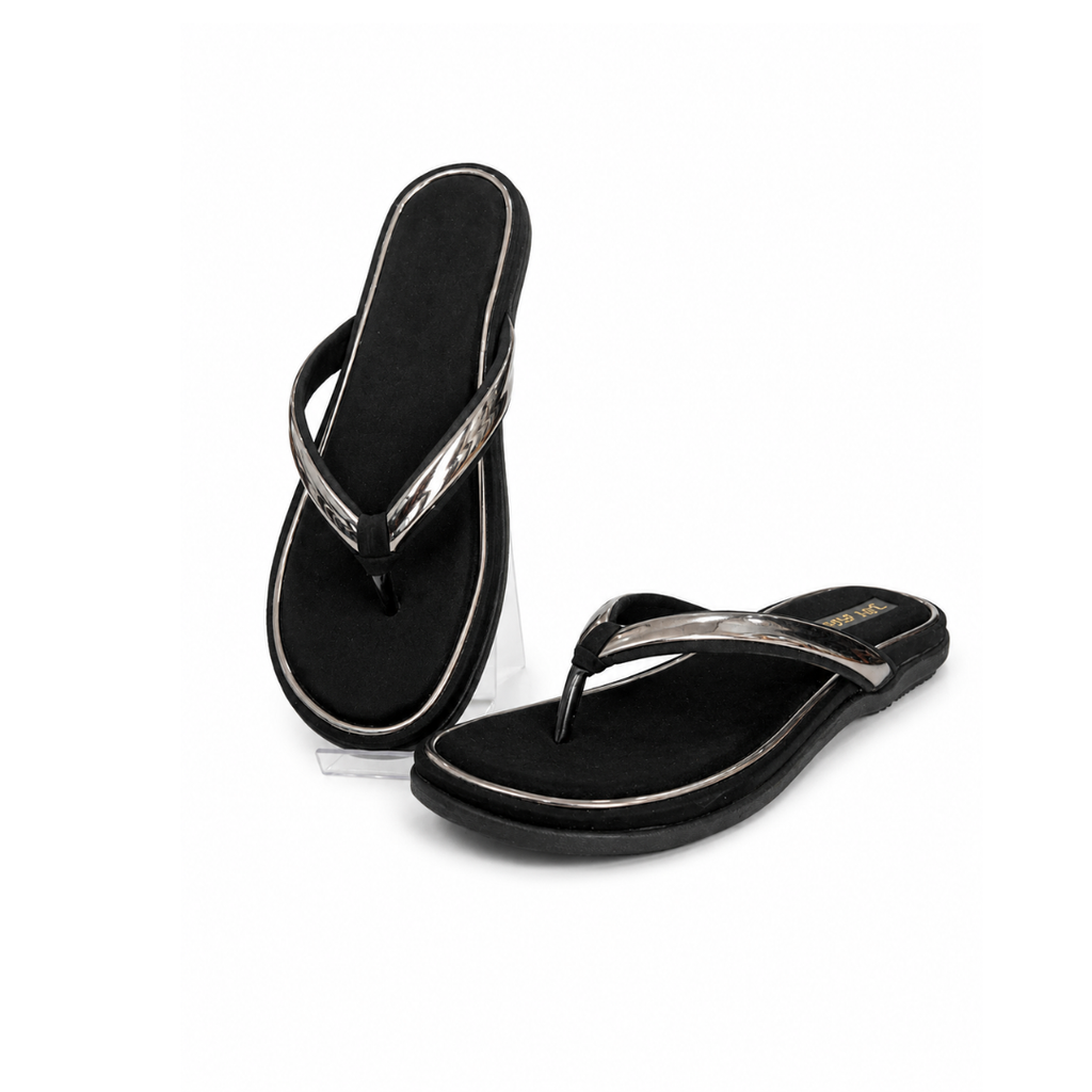 Black flip-flops with metallic accents on a white background