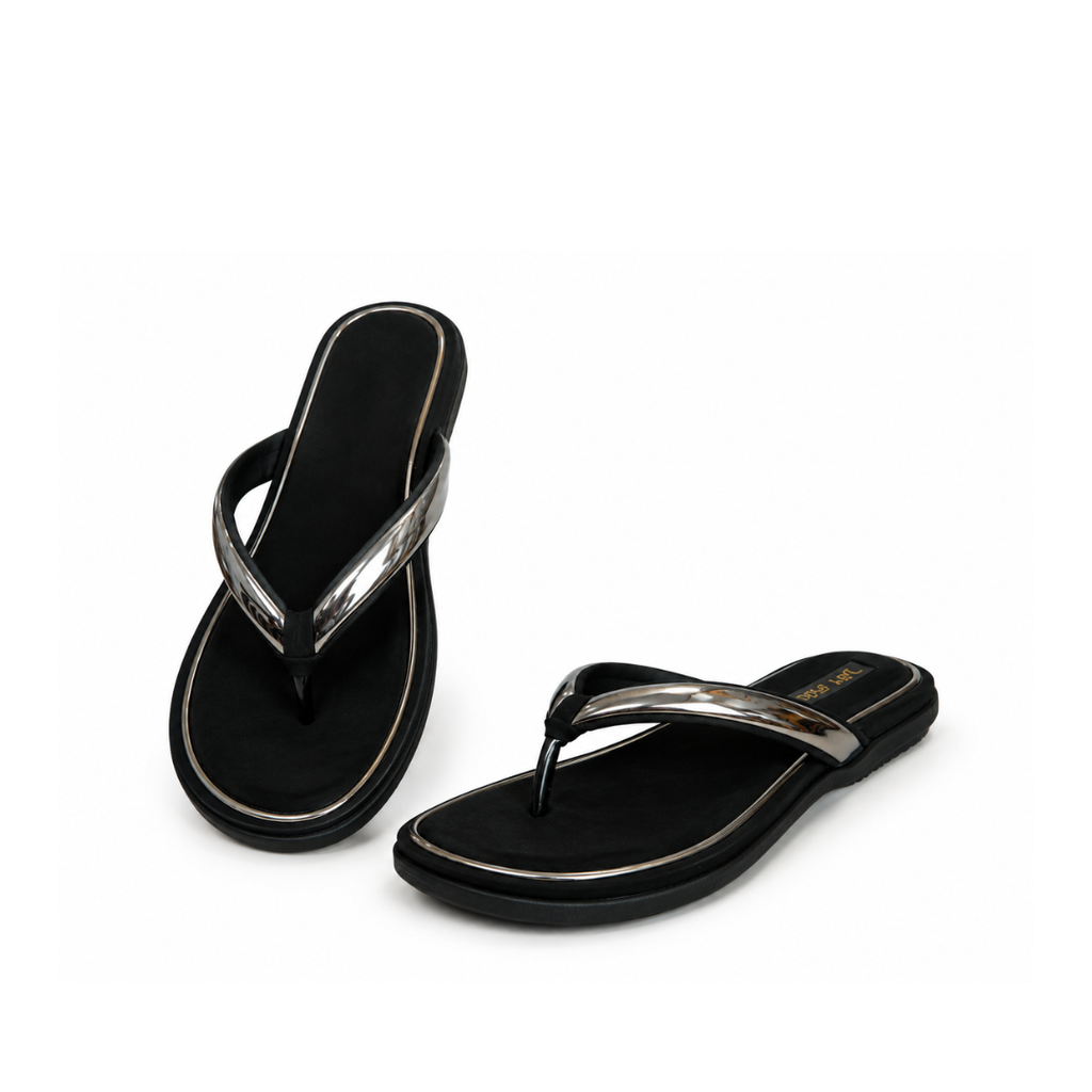 Black flip-flops with metallic straps on a white background