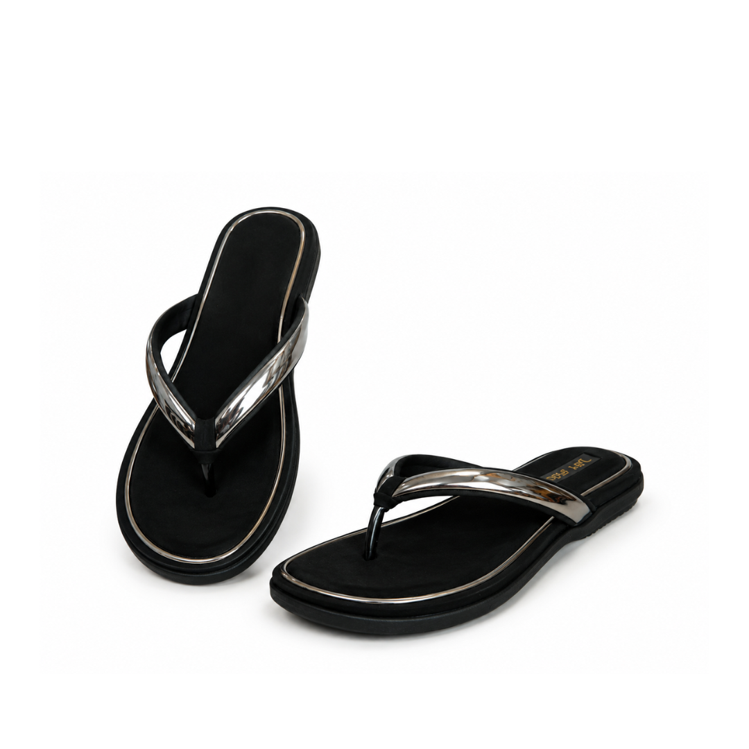Black flip-flops with metallic straps on a white background