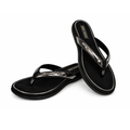 Black flip-flops with a brand logo on a white background
