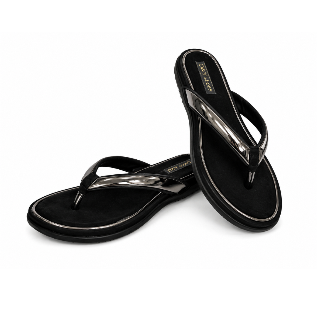 Black flip-flops with a brand logo on a white background
